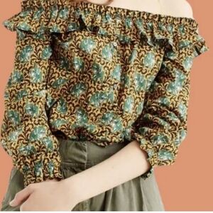 J Crew off the shoulder elephant print button down blouse.